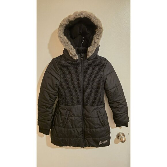 Guess Jacket Girls Size 14 Medium Guess Kids Black Coat with Hood Y2k Faux Fur - Picture 1 of 9